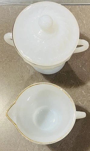 Vintage Fire King Ovenware Creamer and Sugar Set W/ Lid milk glass gold trimmed