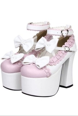 Pink white high heels with ribbon Lolita mass produced mine type thick sole