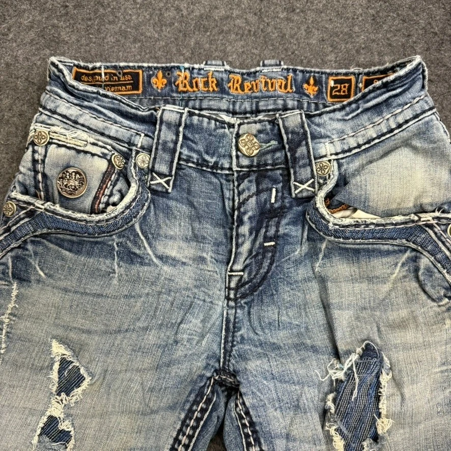 Pantalones de mezclilla rectos ajustados Rock Revival azul envejecido talla 28 para hombre DEFECTUOSOS Foto 3 de 4