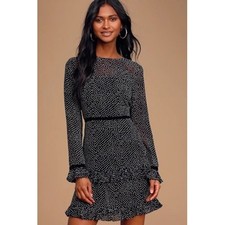 Lulus Polka Dot Dress Womens S Black Velvet Trim Ruffle Tiered Mini Long Sleeve