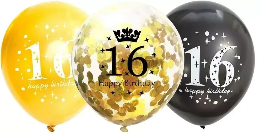 15 x 16th Happy Birthday Printed Age Balloons Black & Gold Party Decorations Uk — 第 2/2 张图片