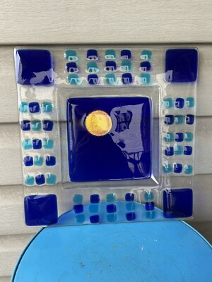 Iridescent Moon Blue Squares Abstract Fused Glass Large Square Platter 12 
