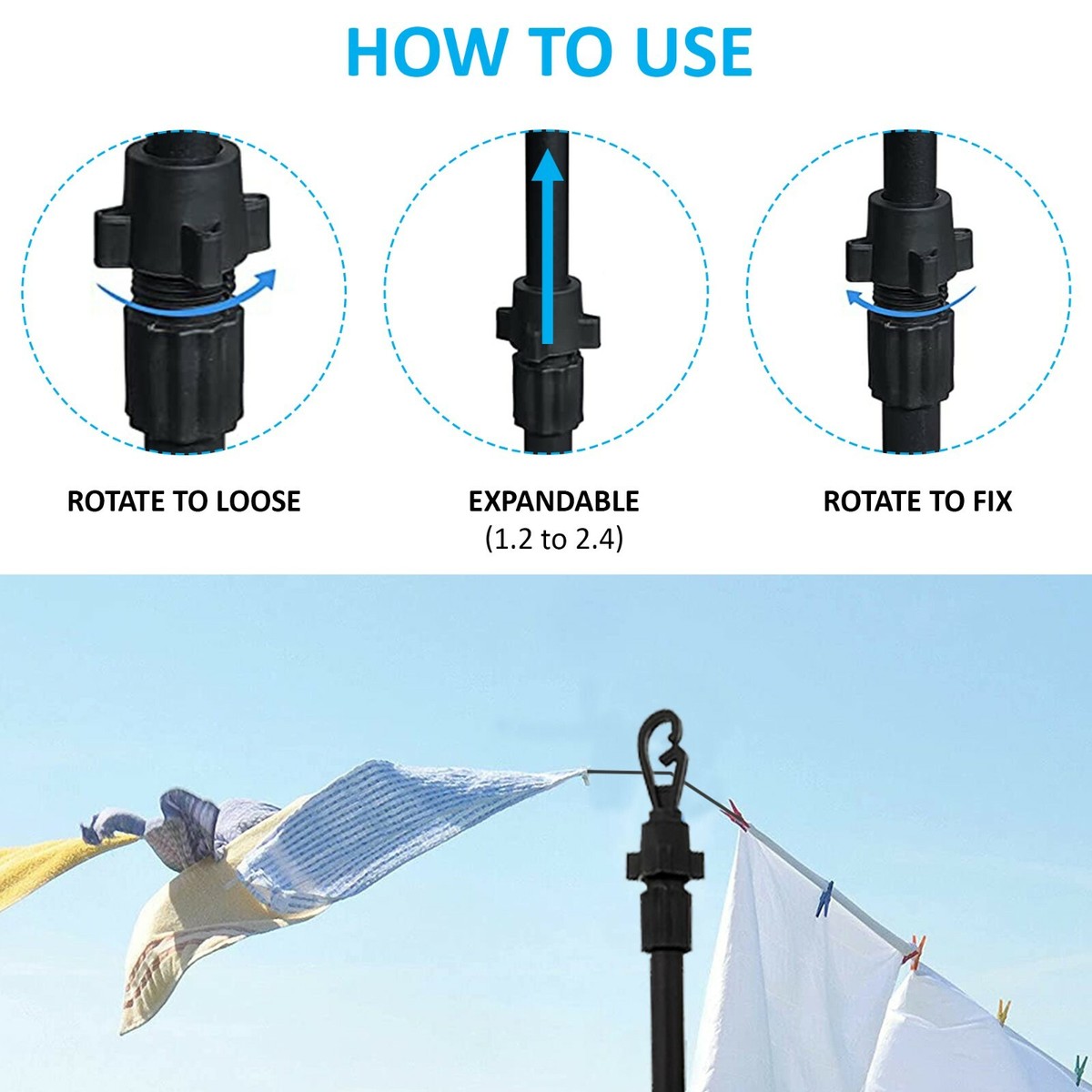 2.4M Heavy Duty Extendable Washing Line Pole - Adjustable Clothes Prop For Garden, Green Metal