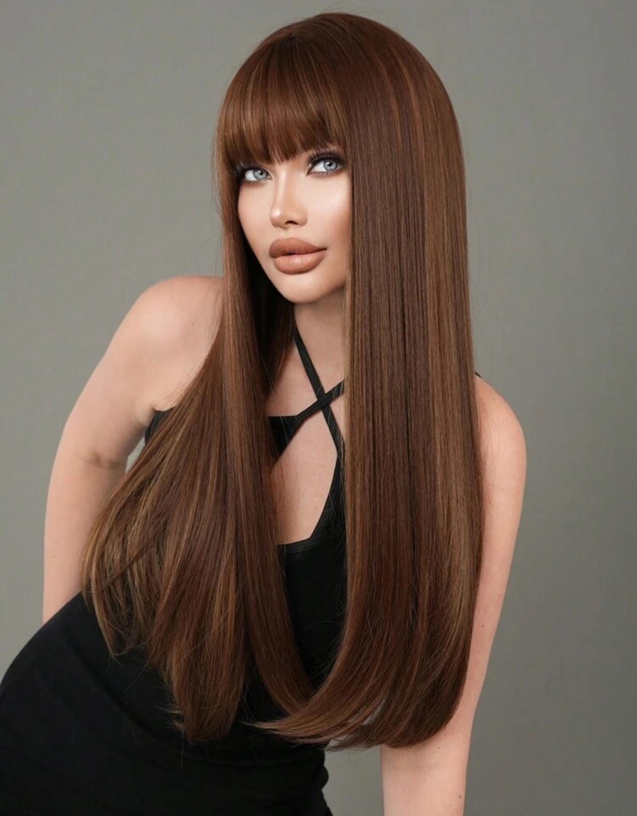 Perruque synthétique brune longue lisse frange pour femme avec 4 bonnets