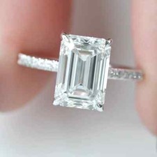 4.20Ctw Emerald Cut Moissanite Hidden Halo Engagement Ring 14K White Gold Plated