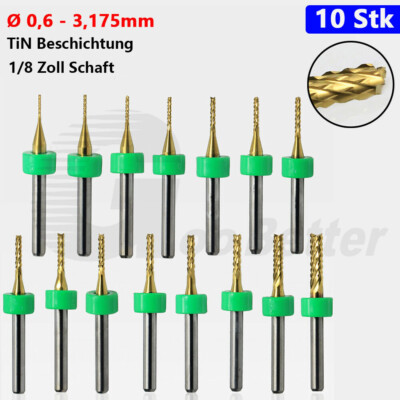 10Stk Micro 0,6-3,175mm VHM Schaftfräser PCB Gravieren TiN Beschichtet Maiszähne