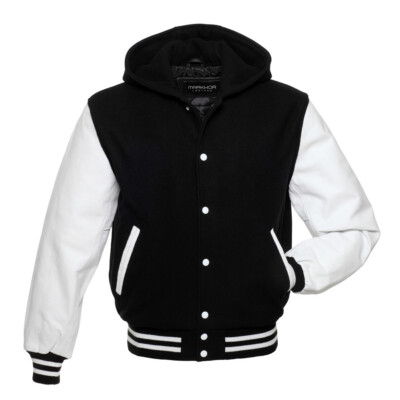 Men's Hooded Letterman Baseball Bomber Moto Biker Black & White Varsity Jacket