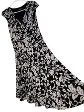 Glamour Black Floral Midi Dress Size 6 S Cap Sleeves V-Neck Lined RO10233 EUC