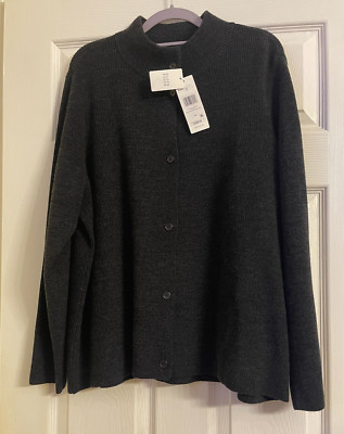 NWT $288 Eileen Fisher Black/Charcoal Merino Wool High Collar Cardigan  1X 2X 3X