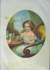 Original Old Antique Print 1857 Colour Portrait Little Girl Daisy Tea-Time 19th