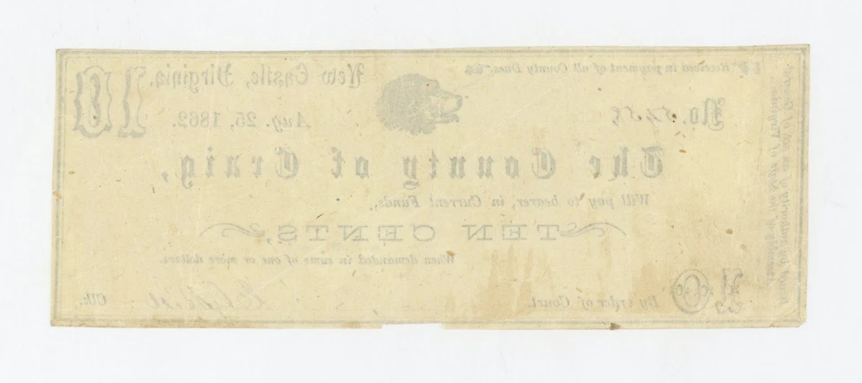 1862 10c The County of Craig - New Castle, VIRGINIA Note CIVIL WAR Era - Image 2 of 2