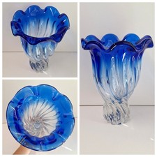 ART GLASS Clear Cobalt Blue Vase Hand Made in Poland