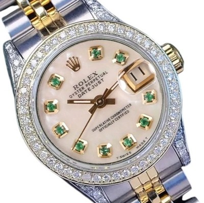 Rolex Datejust Two-Tone 14KY SS White MOP Emerald Dial Diamond Bezel Lugs Watch