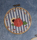 3 HANDMADE CROSSSTITCH IN HOOPS SET-4.25" EACH-FLOWER CART,PUMPKIN,FLOWERS-MINT! — photo 3