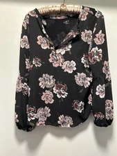 womens loft outlet Top Floral Print Black Pink Sz Med Untucked Style Business