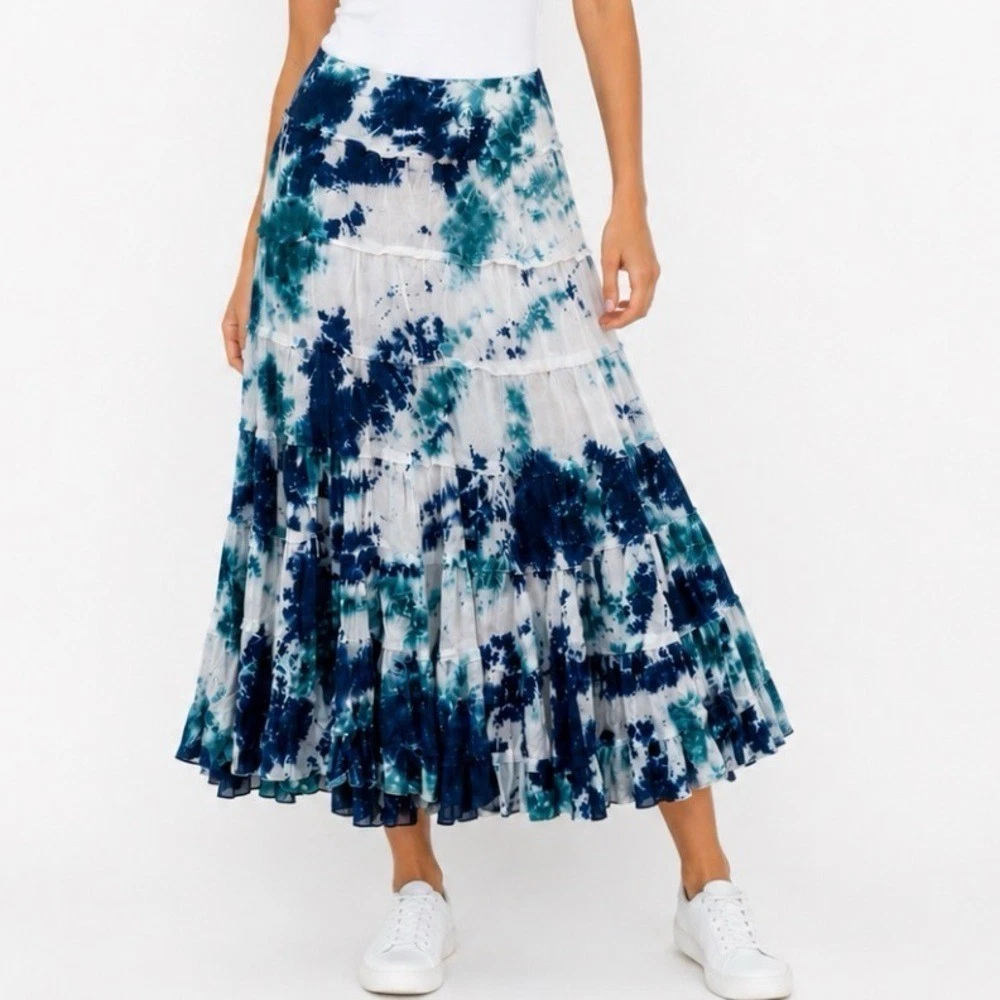 Tie Dye Tiered Maxi Skirt Blue White Boho Festival Western Cottagecore Beach S
