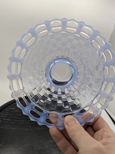 Vintage Fenton Glass Lace Edge Periwinkle Blue Opalescent Basket Weave Plate