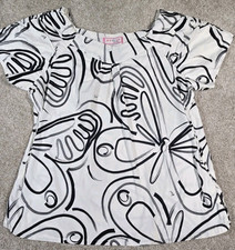 Koi Kathy Peterson Scrub Top Cotton Butterfly Print Blouse Black White Women's L