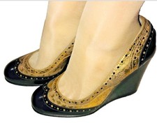 Chanel Black Gold Brogue Patent Leather Wedge Pumps Size 38