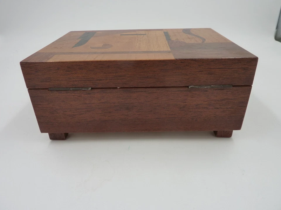 Schmuck Schatulle Holz Einlegearbeiten Art Deco geom. Bauhaus Design Spieluhr - Bild 2 von 4