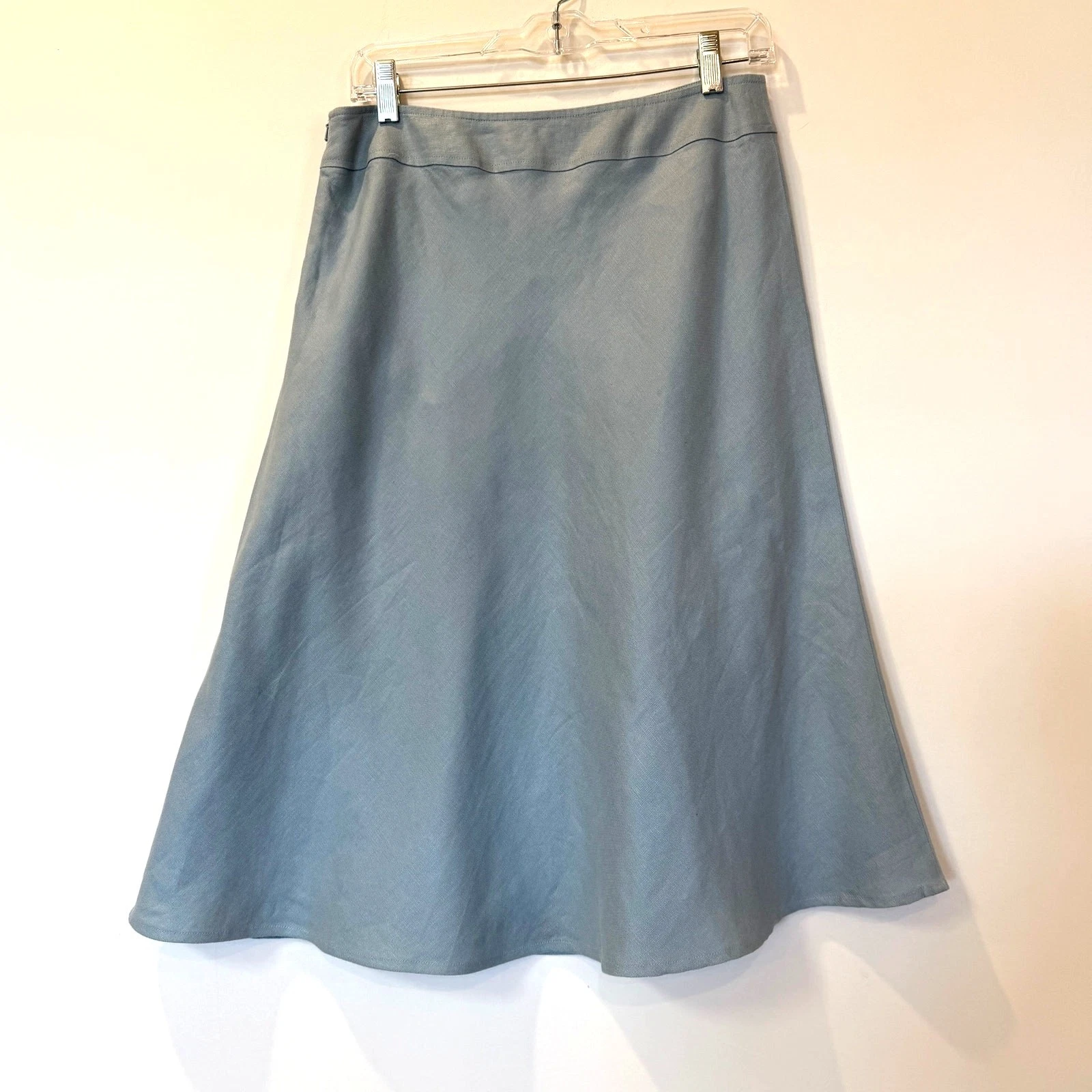Vtg EAST 100% linen knee length skirt light blue 10 lined a line flare