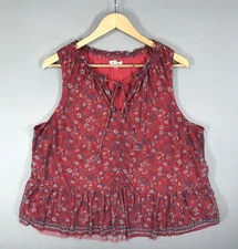 Max Studio Top Women's 1X Red Floral Pullover Blouse V-Neck Tie Sleeveless Boho