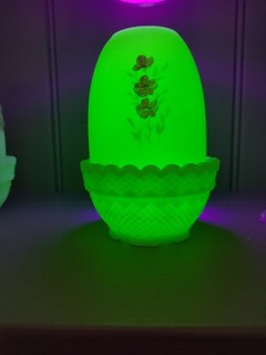 Uranium Custard Fenton Fairy Lamp Pink Flowers P Bennett