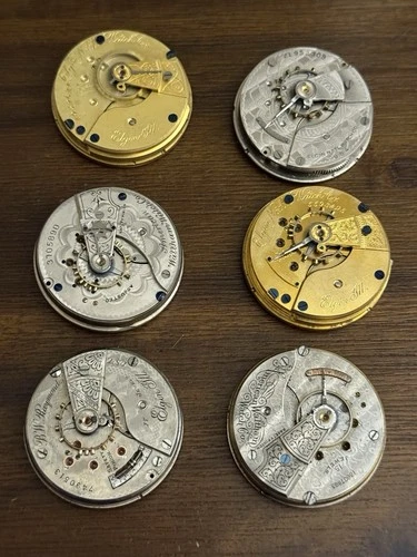 4 Antique Pocket Watch Movements American Waltham Elgin - 18s - Parts/Repair Lot