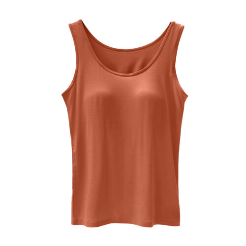 UK Womens Padded Built in Bra Self Tank Tops Camisole Vest Sleeveless T Shirt - Picture 11 of 33