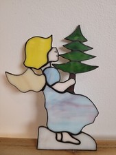Original Tiffany Art Stained Glass Christmas Shelf Sitter Decor Angel Holland