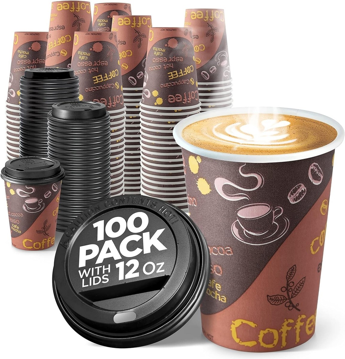 Disposable Coffee Cups WITH LIDS 12 Oz (100 Pack) - to Go Paper for Hot or  Cold