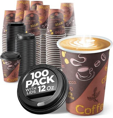 Disposable Coffee Cups WITH LIDS 12 Oz (100 Pack) - to Go Paper for Hot ...