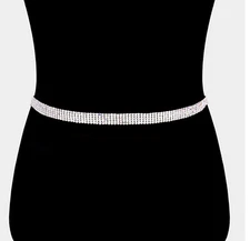 Silver Clear Rhinestone 5 Row Adjustable Ribbon Belt Prom Bridal Wedding