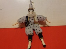 VINTAGE HAPPY CLOWN DOLL CERAMIC HEAD - 10 in TALL SHINNY SILVER OUTFIT  675
