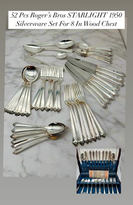 52 Pcs Roger s Bros STARLIGHT 1950 Silverware Set For 8 In Wood Chest