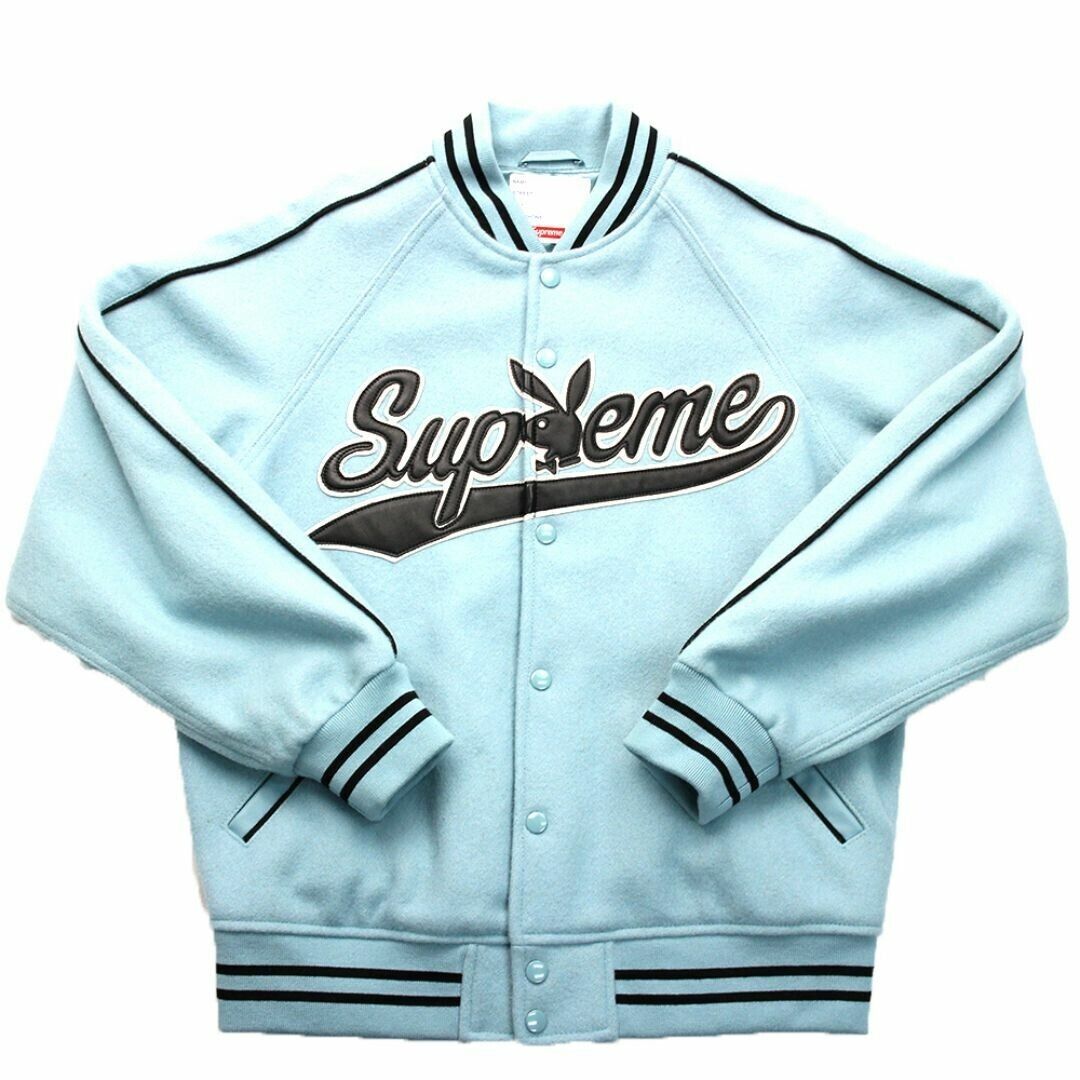 Supreme x Playboy Wool Varsity Jacket Dusty Blue Size S F/S Supreme x Playboy Wool Varsity Jacket Dusty Blue Size S F/S
