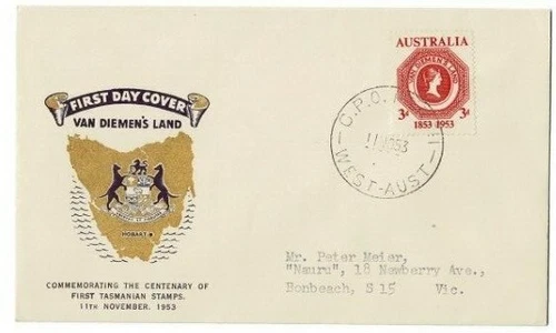 Stamp 1953 Australia 1st Tasmania on Guthrie specific cachet FDC typed address