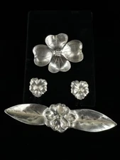 Vintage Sterling Stuart Nye Dogwood & Pansy Brooch Earring Set
