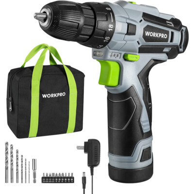 WORKPRO 12V Cordless Drill Driver Kit 3/8'' Keyless Chuck Screwdriver Driver Tool
