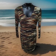 Vtg Karen Kane Green Orange Black Midi Sheath Dress Stretch Lined Viscose Sz XL