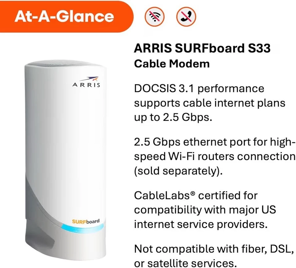 ARRIS S33 Surfboard DOCSIS 3.1 Multi-Gigabit Cable Modem - Image 2 of 4