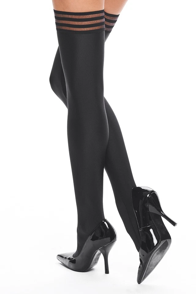 Halterlose Strümpfe schwarz in Wetlook blickdicht glänzend gestreift S M L XL - Bild 2 von 4