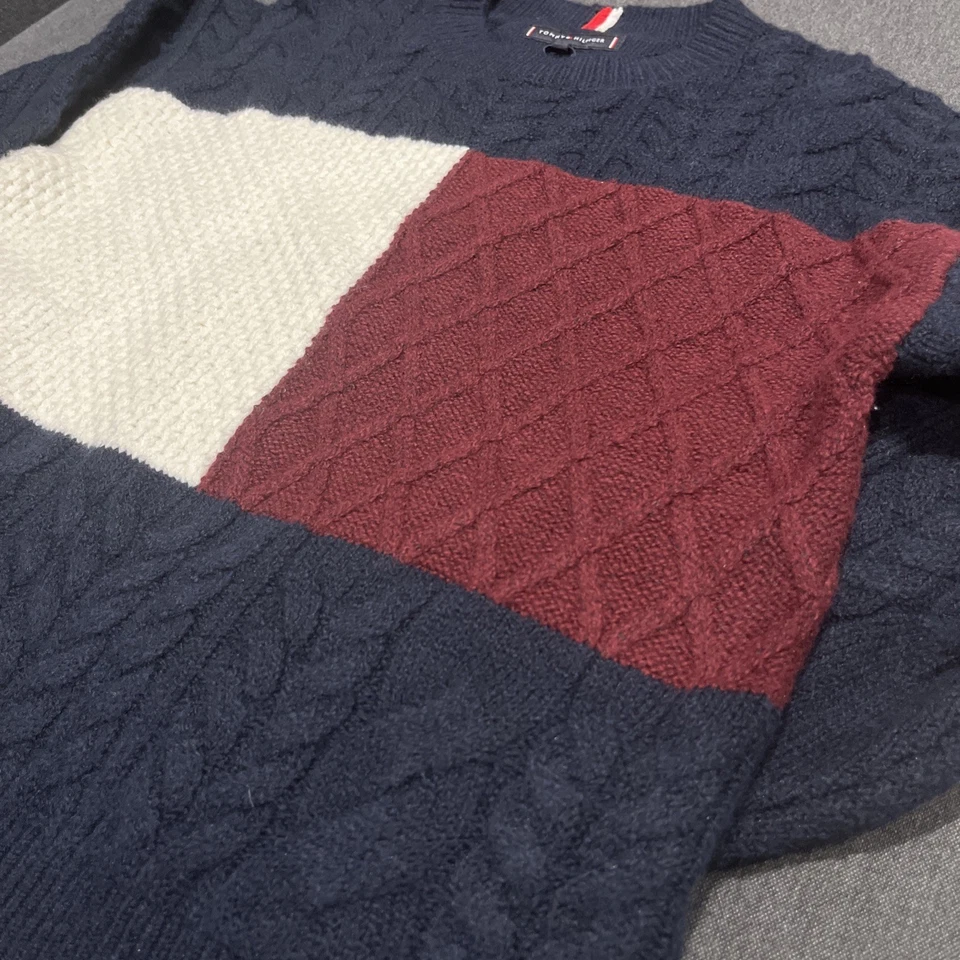 Tommy Hilfiger Kids boys colour block cable sweater jumper navy blue red white 8 - Image 3 of 4