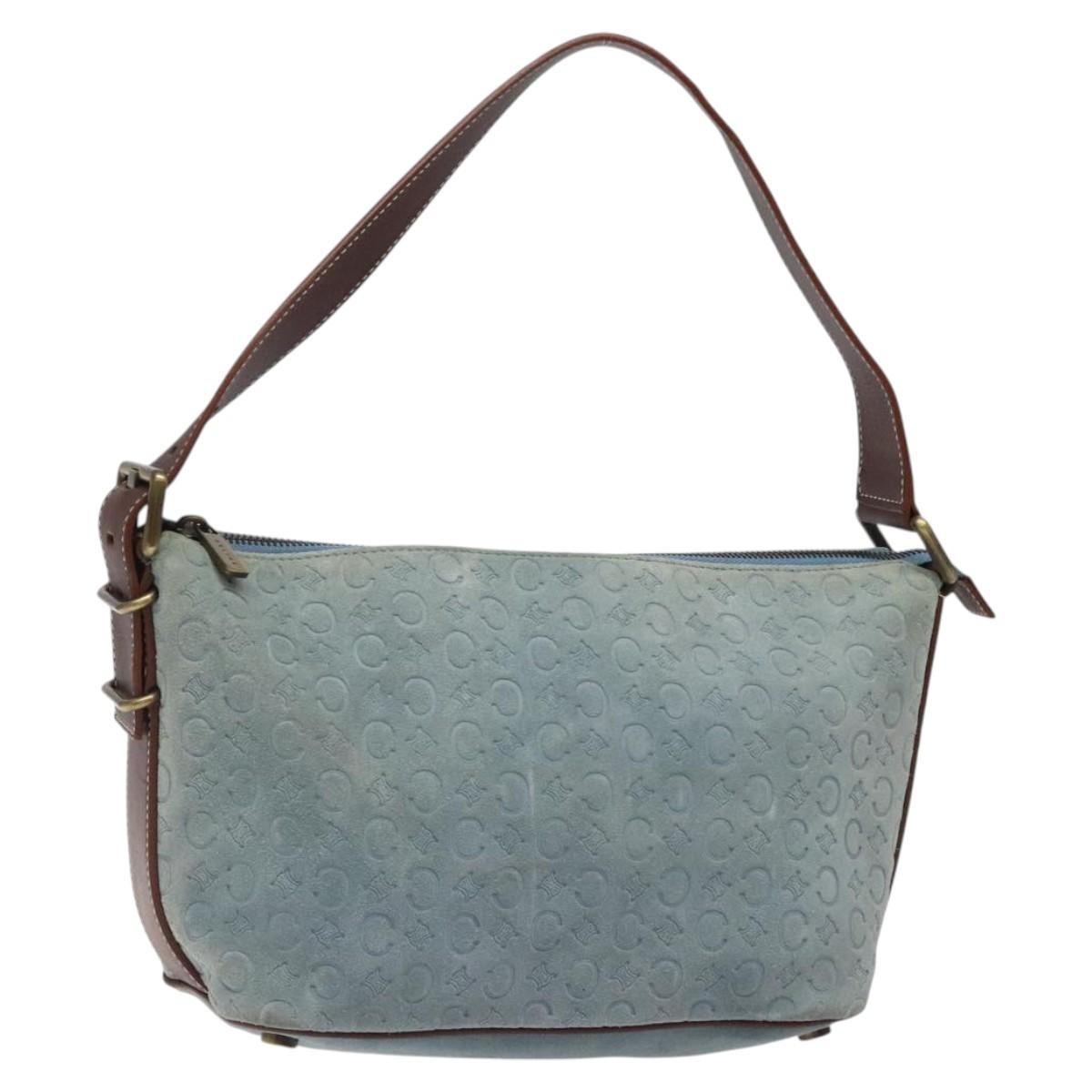CELINE C Macadam Canvas Shoulder Bag Suede Leather Blue Gold Auth