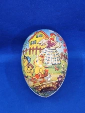 Vtg East German Paper Mache Easter Egg Candy Box Mama Chicken Chicks School