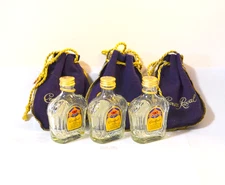 3 Vintage Crown Royal 50 ml Glass Bottles and matching purple bags
