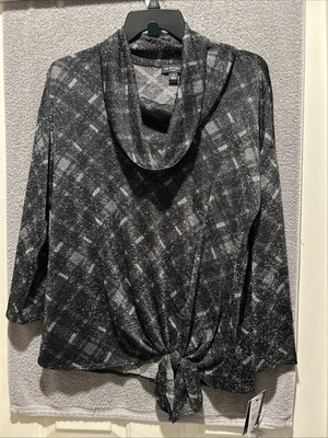 I.N. Studio Women Size 1X, Black Silver Metallic Thread Pullover Blouse Top $65