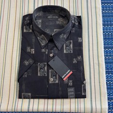 Pierre Cardin Shirt Mens Large Black Palm Print Tropical Short Sleeve Button Up
