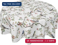 Spring Round Tablecloth 70 Inch, Watercolor Floral Birds Summer Farmhouse Washab
