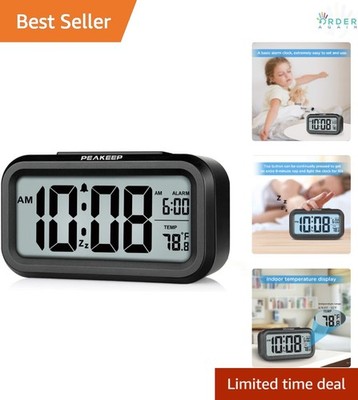 Digital Alarm Clock Night Light Indoor Temperature Small Desk Black